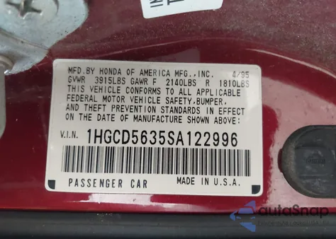 1995 Honda Accord Lx/Ex from USA, damaged, VIN 1HGCD5635SA122996